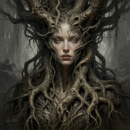an epic highly detailed illustration of a gorgeous woman's face and massive intertwining tree roots for her body, in the style of greg rutkowski and drew struzan and algernon blackwood, realistic digital painting, muted color, brutalist futuristic, cinematic lighting, trending on artstation