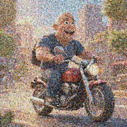 a wholesome urban illustration of a happy cartoon Dwayne Johnson riding his motorcycle through the city, studio Ghibli, Pixar and Disney animation, sharp, Rendered in Redshift and Unreal Engine 5 by Greg Rutkowski, Bloom, dramatic lighting, sunrise