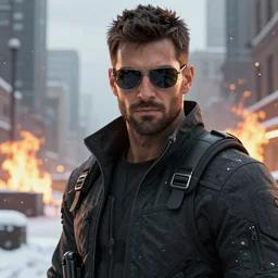 close up of an agent from (Tom Clancy's The Division), snowy new york in background, fire in background, high detail, digital art, trending on artstation, by Tom Garden, by Marek Okon, by Abrar Khan