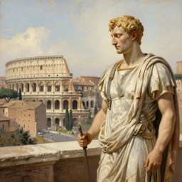 roman emperor looking down upon city of rome in the daytime painting