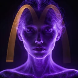 closeup portrait of an ethereal mcdonalds made of purple light, divine, cyberspace, mysterious, dark high-contrast concept art