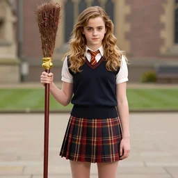 emma watson as hermione granger in her school uniform, short miniskirt, holding her broomstick, photo shoot, cute