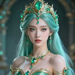 portrait of wonderful princess of emeralds with fair skin, ornate, 8 k, gorgeous, intricate, detailed, accent lighting, ethereal lighting, hyper realism, octane render