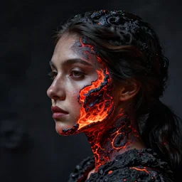 a woman's face in profile, made of lava, in the style of the dutch masters and gregory crewdson, dark and moody