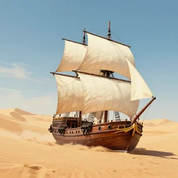 clipper ship sailing through a sand desert, surrounded by sand, sand, desert, clean sails, full sails, illustration, fantasy novel cover art