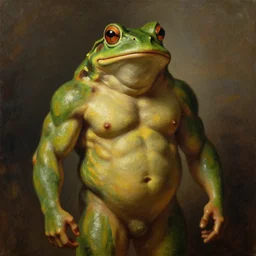 subject:  half frog half man muscular creature  medium shot portrait, style:  very heavy textured rembrandt oil painting with dramatic light