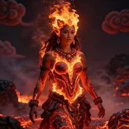 A very beautiful Polynesian woman, lava and fire goddess, is captured in a depth of focus shot with dramatic lighting, rim lights, and high level of detail. She is composed completely of lava, with melting skin and flames for hair. Character is in all her magnificence and is in a naturally calm stance, with air smoke and particles in the atmosphere as well as decorative clouds.