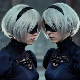 film still close - up shot of 2 b nier automata from the movie half life game ( 1 9 9 8 ). photographic, photography