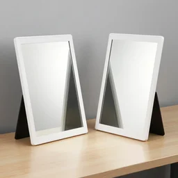 two mirrors with a white frame are at an angle parallel to each other refracting each other recursively on a table, octane render 8 k