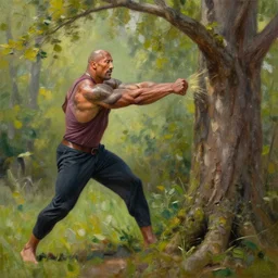 Dwayne Johnson punching a tree, oil painting