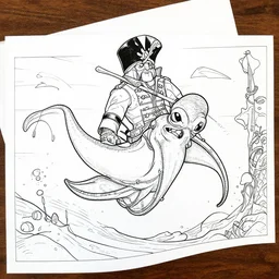a giant squid carrying napoleon on its back, coloring book page