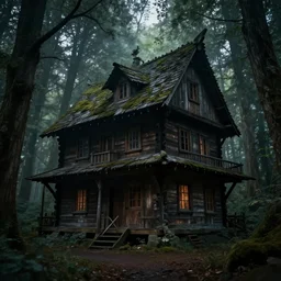 the wooden house of a ancient witch in an ancient old forrest, eeire mood, Dynamic lighting, cinematic, establishing shot, extremely high detail, photo realistic, cinematic lighting, , post processed denoised, concept design, concept art, artstation, matte painting, midjourney, style by alex ross, raphael lacoste, eddie mendoza
