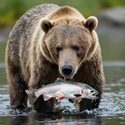 a bear is catching salmon, 3 5 mm lens, nature photography