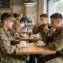 a group of special forces soldiers sitting at the cafe and drinking coffee