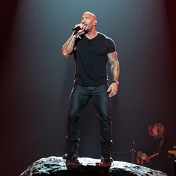 dwayne jonson standing on a rock and singing in a rock concert
