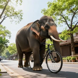 low angle wide shot, street scene, elephant cycling on the street, volumetric lighting, beautiful, day time, spring, sunny weather, sharp focus, highly detailed, photorealistic, 4 0 0 0 k, f 1. 4, cgsociety