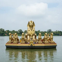 floating temple in the middle of a large lake dedicated to the worship of sphinx cats