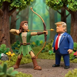 Claymation, Legolas wielding bow shooting arrow at Donald Trump in picturesque forest diorama