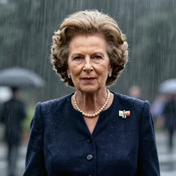 perfectly - centered portrait - photograph of margaret thatcher in pouring rain, lifelike, super highly detailed, professional digital painting, artstation, concept art, smooth, sharp focus, extreme illustration, unreal engine 5, photorealism, hd quality, 8 k resolution, cinema 4 d, 3 d, beautiful, cinematic, art by artgerm and greg rutkowski and alphonse mucha and loish and wlop