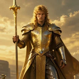 arthur pendragon with excalibur, dramatic lighting, golden hour, realistic, art nouveau, by mark maggiori, tom of finland, trending on artstation