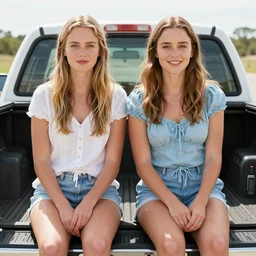 portrait of lindsey pelas and emilia clarke as daisy dukes, sitting on the back of a pickup truck, by charlotte grimm, natural light, detailed face, canon eos c 3 0 0, ƒ 1. 8, 3 5 mm, 8 k, medium - format print, half body shot