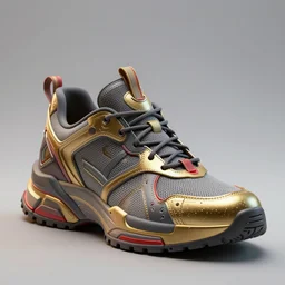 realistic sculpture of a cyberpunk sneaker, beautiful studio lighting, soft, sharp focus, cyberpunk, intricate detail, gold and red accents, soft rubber, octane render, trending on artstation, deviantart, art by syd mead