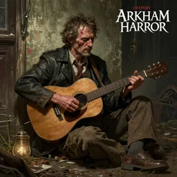 Highly detailed portrait of homeless and beaten up Ashcan Pete playing guitar with dog, sitting near wall, Arkham Horror, Lovecraft, 1920, in style 19 century, unreal engine, fantasy art by Greg Rutkowski, Loish, Rhads, ferdinand knab, Makoto Shinkai and Lois van baarle, ilya kuvshinov, rossdraws, Tom Bagshaw, global illumination, radiant light, detailed and intricate environment
