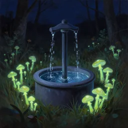 water well in a field of fluorescent mushrooms, night, painting, realistic, dark colors, highlights, neon