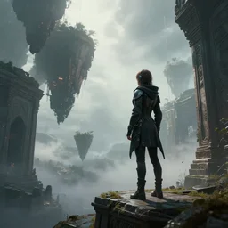 high - tech space cult woman with hoodie looking at floating islands while standing on ruins of ancient temple, foggy of a ancient temple in temple dramatic lighting, epic, octane render, volumetric light, unreal engine, artbreeder, 8 k, background, scene