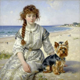 youth woman and a yorkshire dog sitting side by side, by camille corot, oil paint, insanely detailed and intricate, hypermaximalist, elegant, ornate, hyper realistic, super detailed, beach background