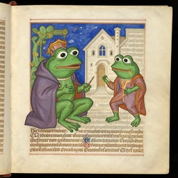page from a 1 4 th century monk's manuscript illustrating the holy scripts of!! pepe the frog!!
