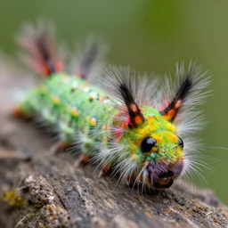 an amazing fluffy caterpillar with psychedelic colors, macro photography, fiberous hairs and very detailed capture photography 8 k, sony, nikkon, cannon