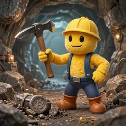 Mining for Bitcoin between the rocks with a pickaxe. Mineshaft background. By Beeple. Extremely detailed. Digital art.