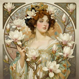 hyperdetailed portrait of a queen of magnolia flowers in a robe. by greg rutkowski, highly detailed, digital painting, artstation, smooth, sharp focus illustration, artstation hq. intricate, elegant. art by wlop and artgerm and greg rutkowski, alphonse mucha, medium shot. dan mumford, tomokazu matsuyama, takato yamamoto