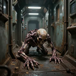 disfigured necromorph being crawling in the spacecraft hallway, rusty and dirty interiors, highly realistic and intricate, ominous, dark surroundings