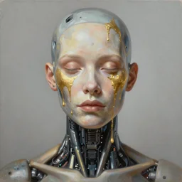 a stunning ultra realistic fine art painting of a calm cyborg with gold paint dripping from its face by tom bagshaw, studio portrait, 50mm lens, 4K