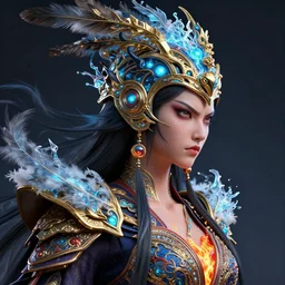 3 d warrior goddess close - up profile portrait. beautiful hyperrealistic intricate highly detailed chuu!! magpie helm and richly embroidered blouse, quetzalcoatl, bioluminescent, angry, gilded, plasma, lava, ice, feather, windy, artwork by tooth wu and wlop and annie leibovitz, octane 3 d render