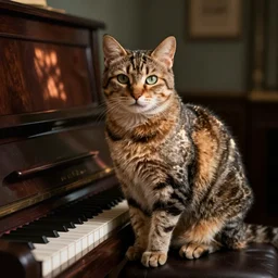“ cat sitting on piano, professional photography ”