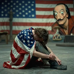 depressed creature with american flag, film still from the movie directed by denis villeneuve and david cronenberg with art direction by and h. r. giger, salvador dali and zdzisław beksinski