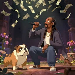 a wholesome illustration of Snoop Dogg rapping about bull dogs and money falling from the sky, studio Ghibli,  Pixar and Disney animation, sharp, Rendered in Redshift and Unreal Engine 5 by Greg Rutkowski, Bloom, dramatic lighting