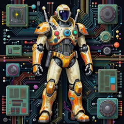 hyper detailed robot fighter pilot masterpiece pattern made from circuits jean giraud digital art painting wires and electronic components beautiful _ psychedelic _ acid artgerm dona to giancola tom bagshaw