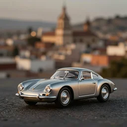 3 5 mm photo of metallic 1 9 6 4 porsche 9 0 4 gts, like die cast model, with a blur guanajuato city as background, golden ratio, dramatic lighting, medium shot, shallow depth of field, 8 k, epic cinematic, epic lighting