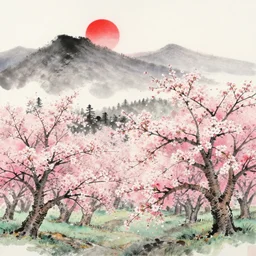jappanese ink painting of a blooming cherry blossom forest with mountains in the background and a deep red sun, colorful, detailed