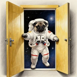 golden - ration, gif, high - resolution, pencil art, colorized, extra - detailed, 8 k - resolution, pug astronaut, opening door, in space that leads into the universe