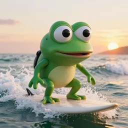 a closeup photorealistic photograph of a cute pepe the frog on a surfboard surfing on the waves at sunset. surf in background. professional capture. brightly lit scene. this 4 k hd image is trending on artstation, featured on behance, well - rendered, extra crisp, features intricate detail, epic composition and the style of unreal engine