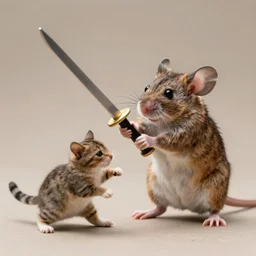 mouse fighting cat with sword, macro shot,