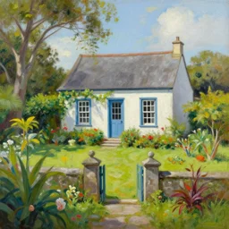 a typical house in a creole garden from reunion island, painting by tomer hanuka!!!, by ( ( ( kenton nelson ) ) ), trending on artstation