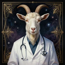 a goat that is a doctor!, dressed! like a doctor!, wearing a stethoscope, cosmic horror painting, elegant intricate digital painting artstation concept art by mark brooks and brad kunkle detailed