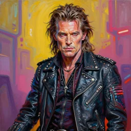 portrait of willem dafoe as a scifi apocalyptic demonic orcish goblin biker character, cool pose, psychedelic vibrant colors, futuristic punk rock fashion, oil painting by michael whelan art, sharp focus, realistic, detailed eyes, 8 0 s hair, studded leather jacket, 8 k