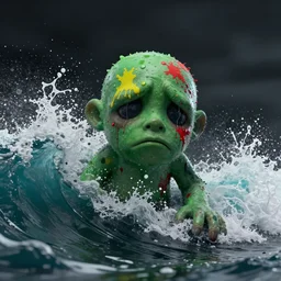 the pain is splattered on the sad monster's green face while huge waves crash against him, water sprays into the air, moody black sky, hints of red and yellow, fantasy, maya render